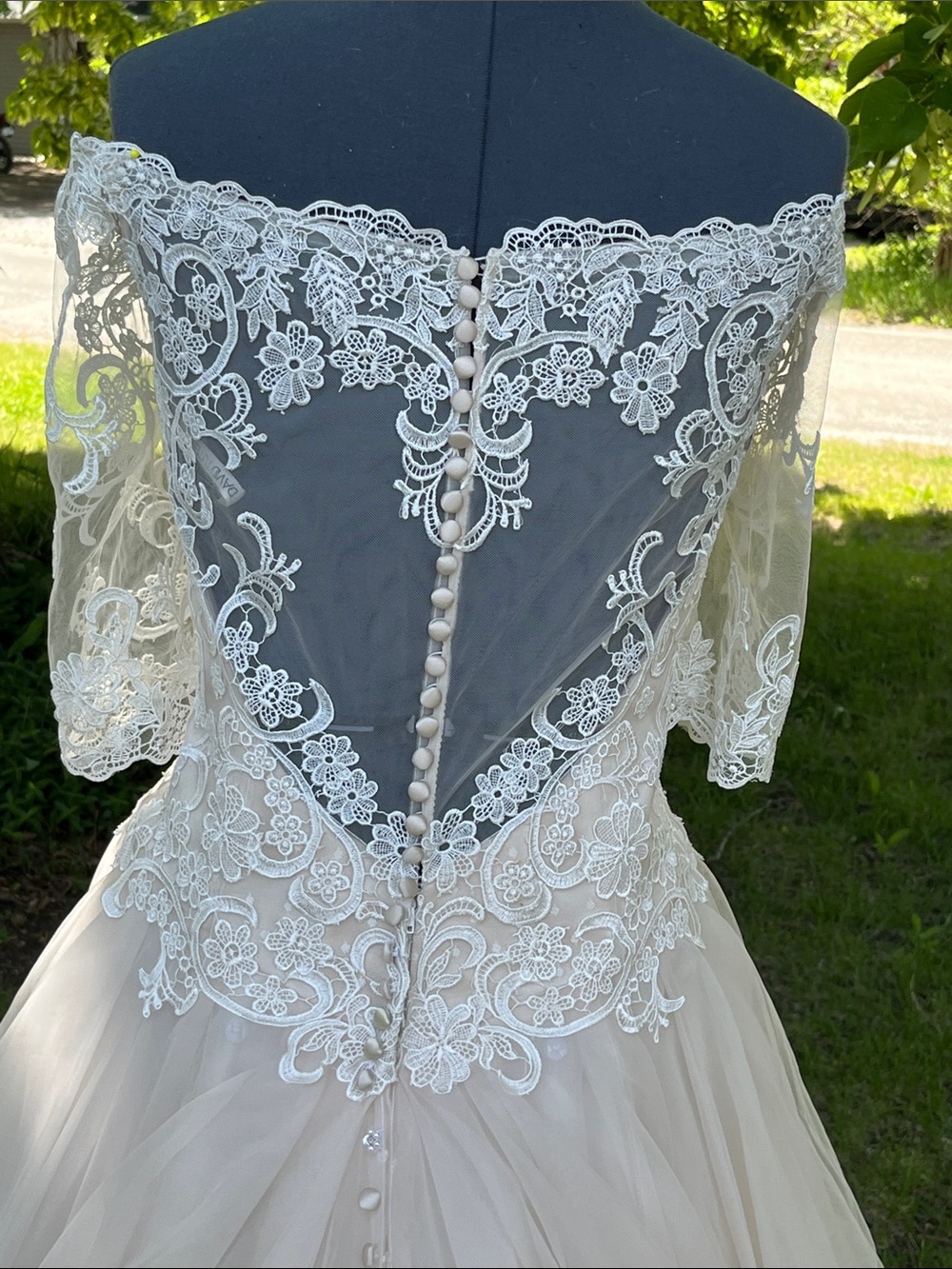 Used David Tutera Blush/Ivory Lace Off-Shoulder Wedding Dress - Picture 6 of 8